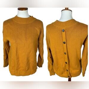 Roolee Gold Mustard Mock Neck Button Back Sweater with Cable Knit Sleeved Sz S